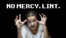 A woman in the center with an intense, almost manic expression and raised hands, with bold text above her reading “NO MERCY. LINT.”