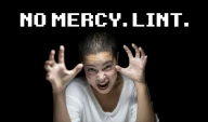 A woman in the center with an intense, almost manic expression and raised hands, with bold text above her reading “NO MERCY. LINT.”